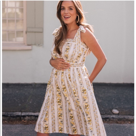 GAL MEETS GLAM Arina Dress Floral Stripe Tie Shoulder Yellow Blogger Fave - Picture 1 of 8